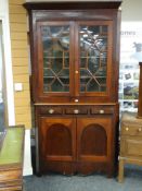 19TH CENTURY GLAZED TOP CORNER CUPBOARD having two false drawers and a centre drawer above a two-