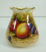 ROYAL WORCESTER PORCELAIN FRUIT DECORATED VASE BY HARRY AYRTON of open sack form with moulded,