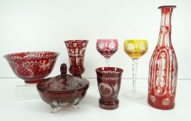 PARCEL OF BOHEMIAN DECORATIVE GLASS comprising footed ruby flash bowl and cover, similar footed