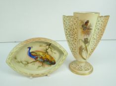 GRAINGER ROYAL CHINA WORKS WORCESTER VASE & A LOCKE & CO PORCELAIN DISH, the vase with twin