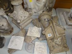 PARCEL OF VICTORIAN PLASTER MAQUETTES including 'Green Men' tiles, gargoyle, architectural column