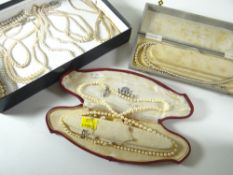 QUANTITY OF PEARL NECKLACES including examples with 9ct gold clasp, including two cases