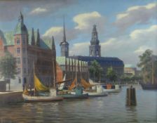 FREDRIK SVENDSEN oil on canvas - Copenhagen canals with vessels, signed, 38 x 46cms
