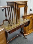 REPRODUCTION TWO-DRAWER DROP FLAP SOFA TABLE IN REGENCY-STYLE together with tripod wine table and