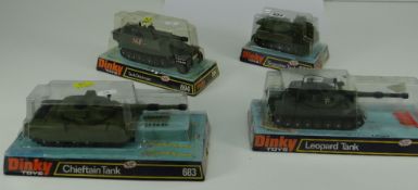FOUR DINKY TOYS MILITARY MODELS, Tank Destroyer number 694, Chieftan Tank number 683, Leopard Tank