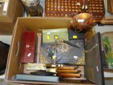 BOX OF MIXED ITEMS including Morocco leather jewellery box, Welsh family Bible ETC