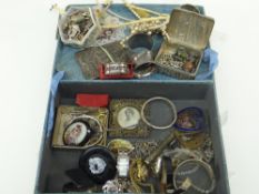 VINTAGE BLUE CHOCOLATE BOX CONTAINING MIXED JEWELLERY together with silver napkin rings,