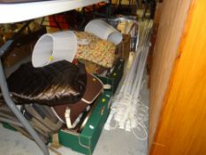 MIXED ITEMS including ceiling chandelier, curtains, material, clothing ETC