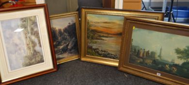 FOUR LARGE FRAMED PICTURES including oil on board lake scene