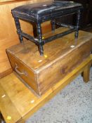 LIGHT WOOD LONG-JOHN COFFEE TABLE, together with a rustic pine box, and a vintage stool