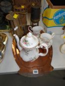 BEATEN COPPER OVAL TRAY, three vintage miner's lamps, Royal Albert 'Moss Rose' part-tea set