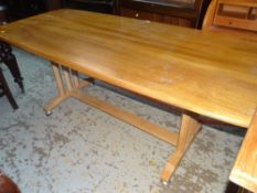 LARGE ERCOL ELM TOP DINING TABLE with tri-column end supports and stretcher, Ercol label, 198cms