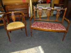EDWARDIAN INLAID MAHOGANY TUB TYPE CHAIR with stripy upholstered seat; together with a two seat