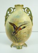 GRAINGERS WORCESTER ROYAL CHINA WORKS VASE having open work twin handles to oval body, narrow neck