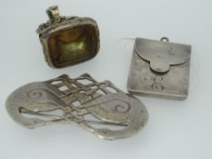 THREE COLLECTABLE ITEMS comprising silver Art Nouveau brooch, silver stamp case and a seal fob