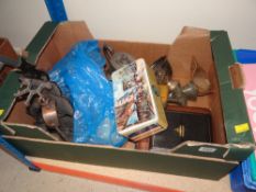 BOX OF MIXED ITEMS including fire companion set, pewter, cased cutlery ETC