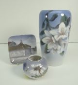ROYAL COPENHAGEN PORCELAIN TAPERED VASE with floral decoration, 19cms high, together with a small