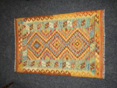VEGETABLE DYE WOOL CHOBI KELIM RUNNER in orange, brown geometric pattern, 123 x 82cms