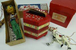 PAINTED CAST METAL ARTICULATED 'MUFFIN THE MULE' PUPPET together with a boxed Pelham puppet of Mr.