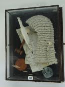 FRAMED DISPLAY OF LAW RELATED EPHEMERA comprising a Judge's bob-wig, quill, gavel and manuscripts