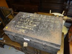 VINTAGE PAINTED METAL CABIN TRUNK with painted military captain's address details to the lid