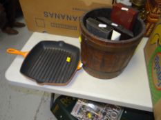 PARCEL OF MIXED ITEMS including Le Creuset griddle pan, vintage barrel type planter, barometer ETC