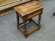 MARQUETRY JOINED OAK STOOL on turned and block supports, 45cms wide