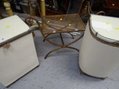 PAIR OF CREAM COLOURED LOOM LINEN BASKETS & A PAINTED METAL FANCY STOOL