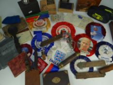 TUPPERWARE-BOX OF COLLECTABLES including treen, autograph books, whistles, metalware, rosettes ETC