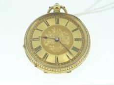 19TH CENTURY 18CT YELLOW GOLD FOB WATCH with foliate engraved case and gilt metal dial bearing Roman