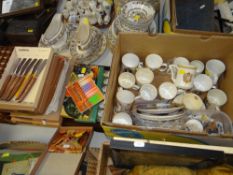 BOX OF COMMEMORATIVE & OTHER CHINA together with sundry cased items of table cutlery