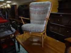 ERCOL LIGHT-WOOD MID-CENTURY ARMCHAIR with cushion seat and back