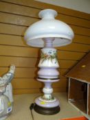 PAINTED ANTIQUE MILK GLASS OIL LAMP AND SHADE