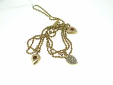 BELIEVED GOLD ROPE TWIST NECKLACE with three suspended heart shaped pendants adorned with seed