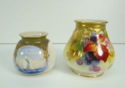 ROYAL WORCESTER PORCELAIN POT POURRI BASE, fruit decorated by Kitty Blake, signed (no cover), 10.