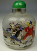 CHINESE GLASS SNUFF BOTTLE decorated with a battle scene to both sides, 8.75cms high