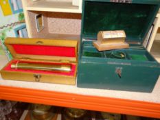 GREEN LEATHER JEWELLERY BOX, vintage desk calendar and a brass cased telescope
