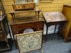 ANTIQUE OAK COUNTRY DESK ETC on corner cabriole supports and having a hinging draughts-man's work-