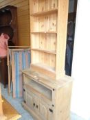 NARROW PINE BOOKCASE, together with pine cabinet, two folding canvas deck-chairs