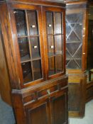 VINTAGE CORNER CUPBOARD WITH GLAZED TOP and another earlier similar (damage to glass)