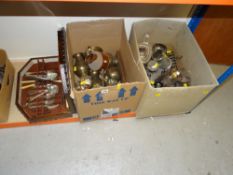 BOX OF ELECTROPLATE, box of brassware ETC, canteen of cutlery