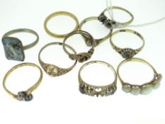 TIN OF TEN VARIOUS RINGS including wedding band and small diamond set engagement rings, most, if not