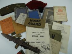 PARCEL OF MILITARY ITEMS ETC including army-green fabric Home Guard arm-bands, dagger with scabbard,