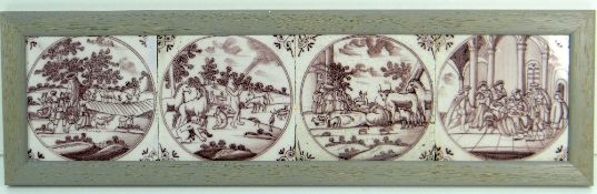 SET OF FOUR BELIEVED DUTCH DELFT MANGANESE TILES believed 18th Century and depicting naive