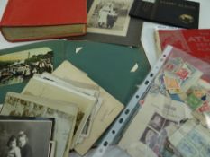 BLUE BASKET CONTAINING VINTAGE POSTCARD & VINTAGE STAMP ALBUMS ETC