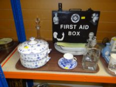 FIRST AID BOX & OTHER ITEMS including antique glass brandy decanter, another decanter, Masons part-