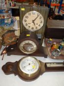 CARVED BANJO BAROMETER & THREE VINTAGE CLOCKS