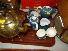 POOLE POTTERY BLUE GROUND COFFEE SET together with brass-bird decorated kettle on stand and a copper