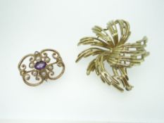 TWO 9CT YELLOW GOLD BROOCHES comprising antique style seed pearl and amethyst set brooch / pendant