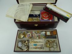 MODERN WOODEN JEWELLERY BOX & CONTENTS including pierced ivory fan, watches, earrings, necklaces,